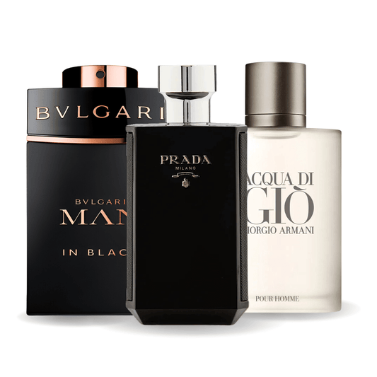 Sada 3 parfémů parfémů Bvlgari In Black, Giorgio Armani Acqua Di Gio, L'Homme Prada Intense 100ml
